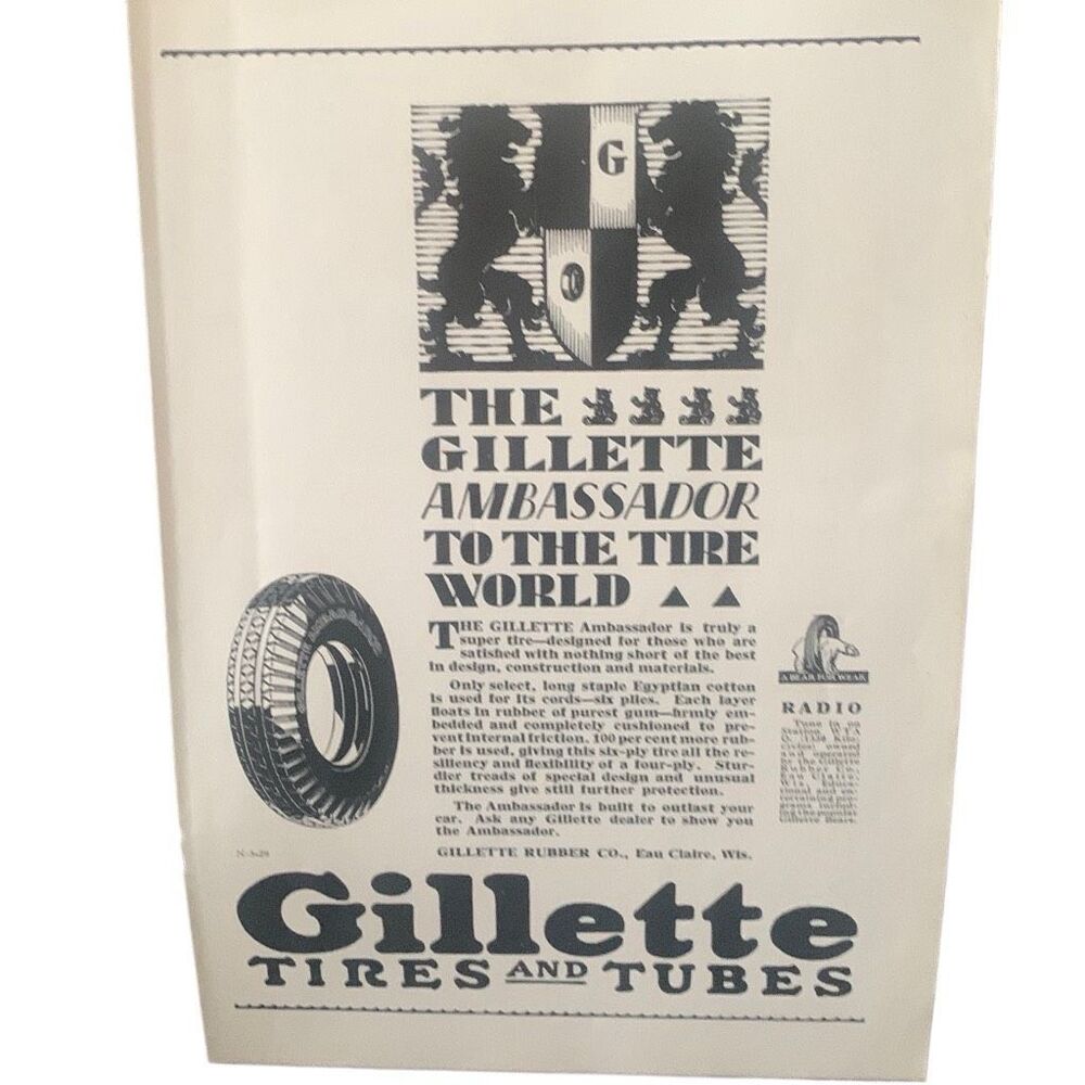 Vintage 1929 Gillette Ambassador Tire to the World Ad Advertisement